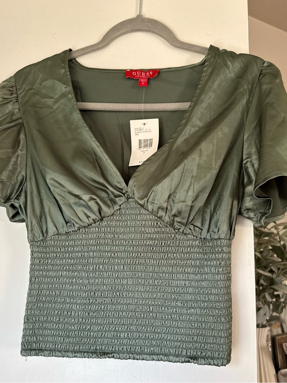 GUESS Satin Deep V Neck Smocked Waist Blouse